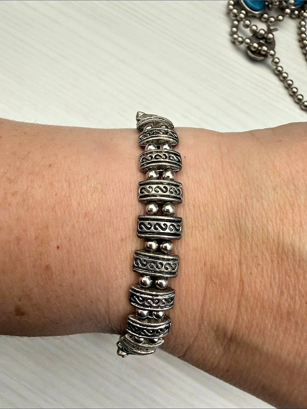 Silver-Tone Engraved Bead Bracelet